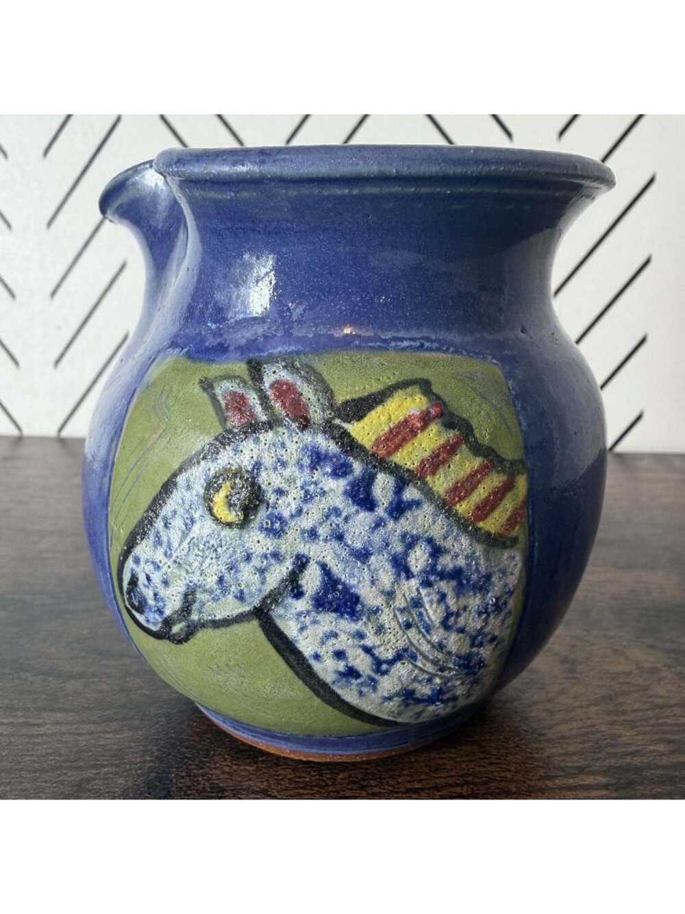 Handmade Blue Ceramic Vase Horse 4" Signed Unique Pottery Decor Kitschy Folk Art
